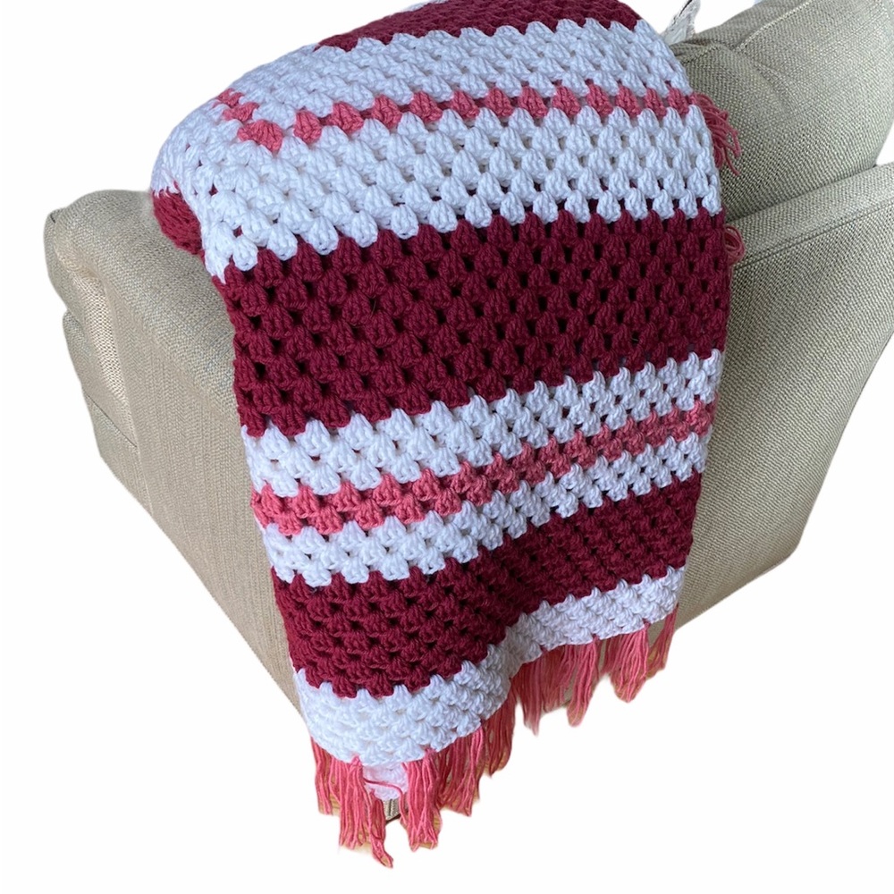 Vintage Granny Square Red Pink White Blanket Afghan Crochet Throw Handmade Retro